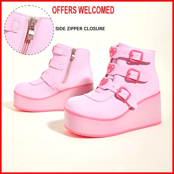 Platform Chunky Ankle Boots Round Toe Zipper Wedges Buckle Thick Sole - Picture 5 of 7